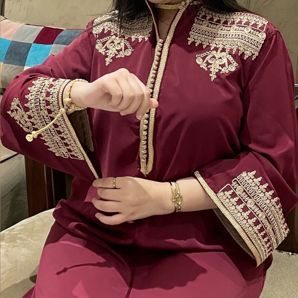 Elegant Burgundy Dress with Gold Embroidery - Moroccan Caftan fits M-L